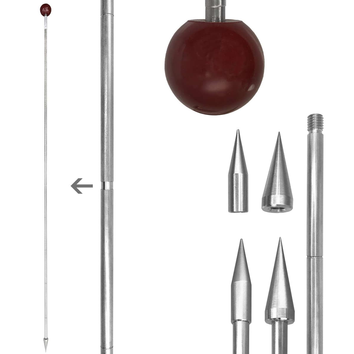 Metal soil probe with red ball handle and multiple interchangeable metal tips