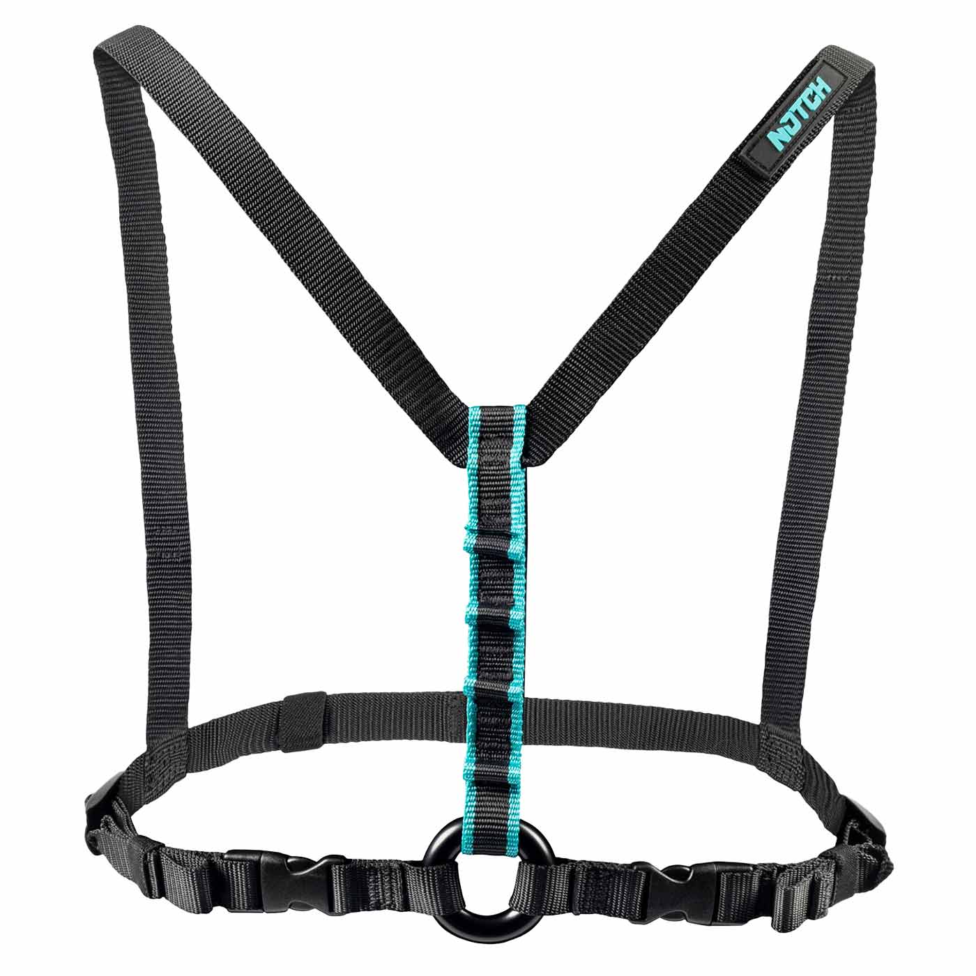 Black Chester SRS chest strap with turquoise stitching and black ring in the middle