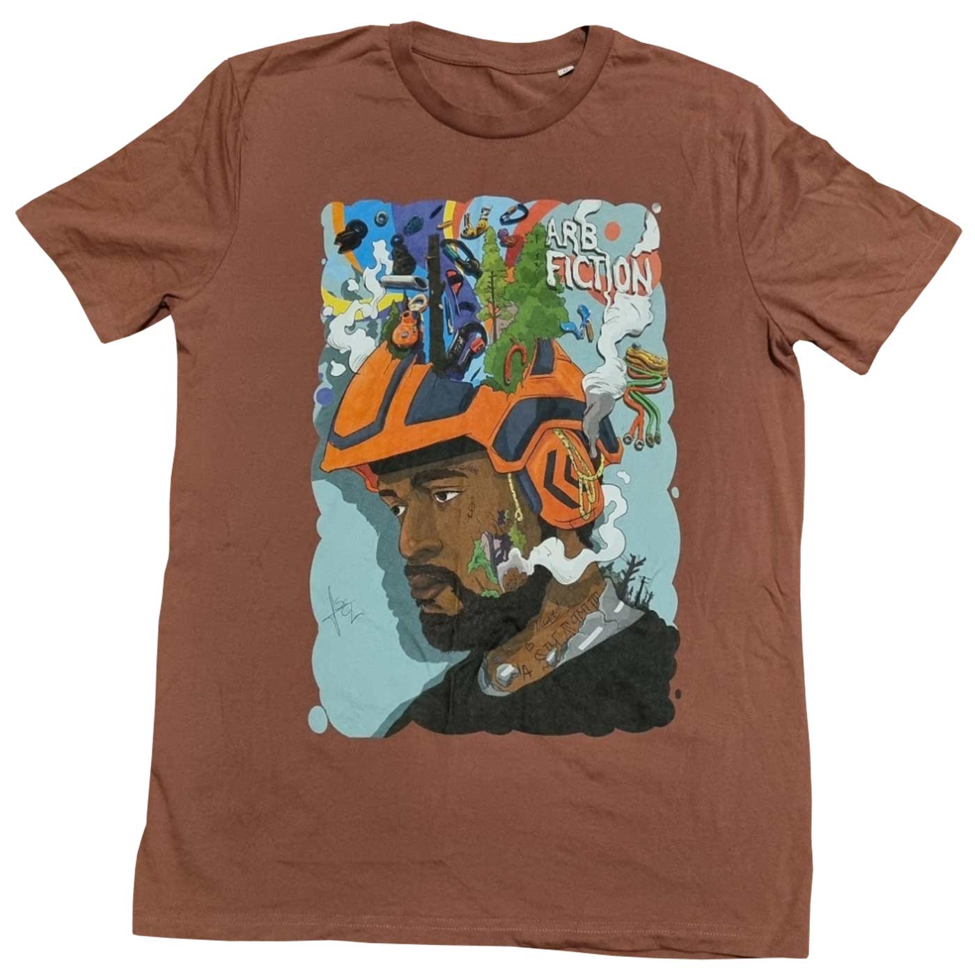Brown T-shirt with a large, colorful print of a man in an orange helmet and various small objects on it, including the text "ARB FICTION", product name Mind Fuck