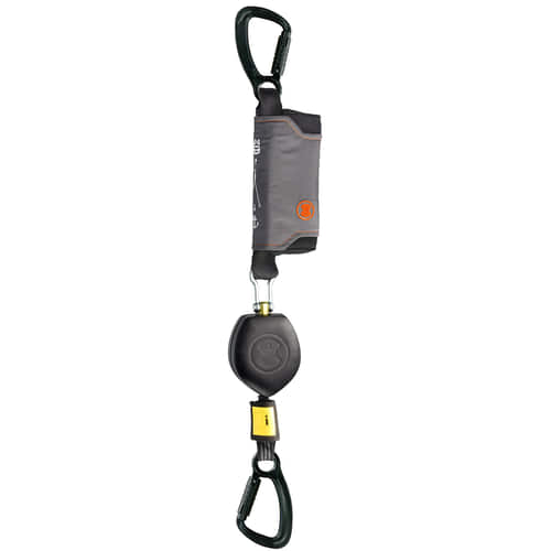PEANUT I 13, belay device with two black carabiners and grey protective cover with orange logo