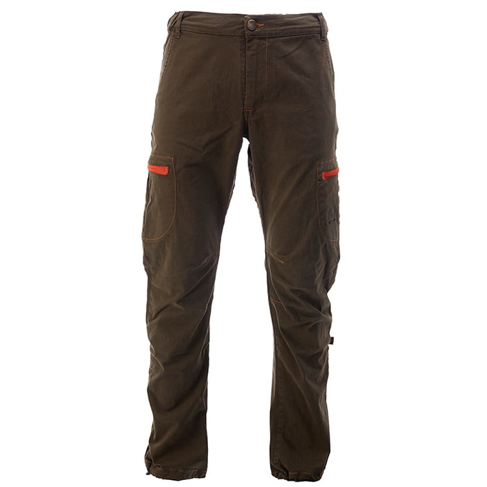 Cargo Pants Heavy in dark green with orange accents on the side pockets, straight cut and button closure