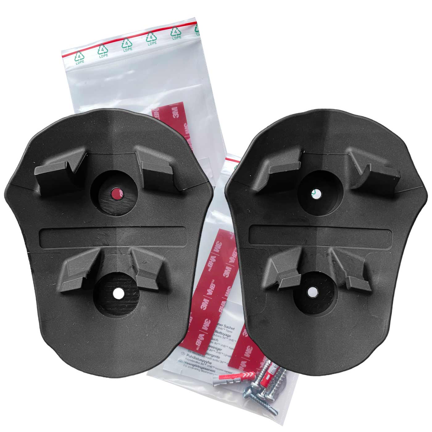 Toolprotect helmet holder, two black plastic parts with mounting holes and retaining hooks, plus screws, dowels and adhesive strips in plastic bags