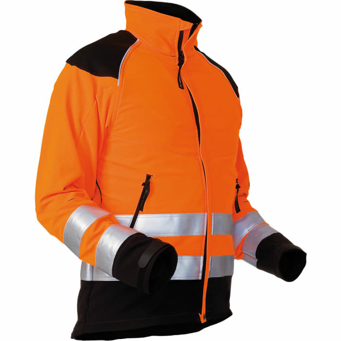 EN 20471 cut-resistant jacket in bright orange with black shoulder and lower sleeve areas, two zippered pockets at the front, silver reflective stripes on the sleeves and waistband, high collar and full-length front zipper