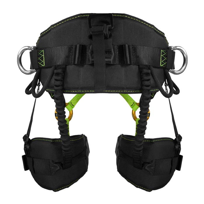 Treewor C Rear view of the black and green climbing harness with metal rings and elastic bands