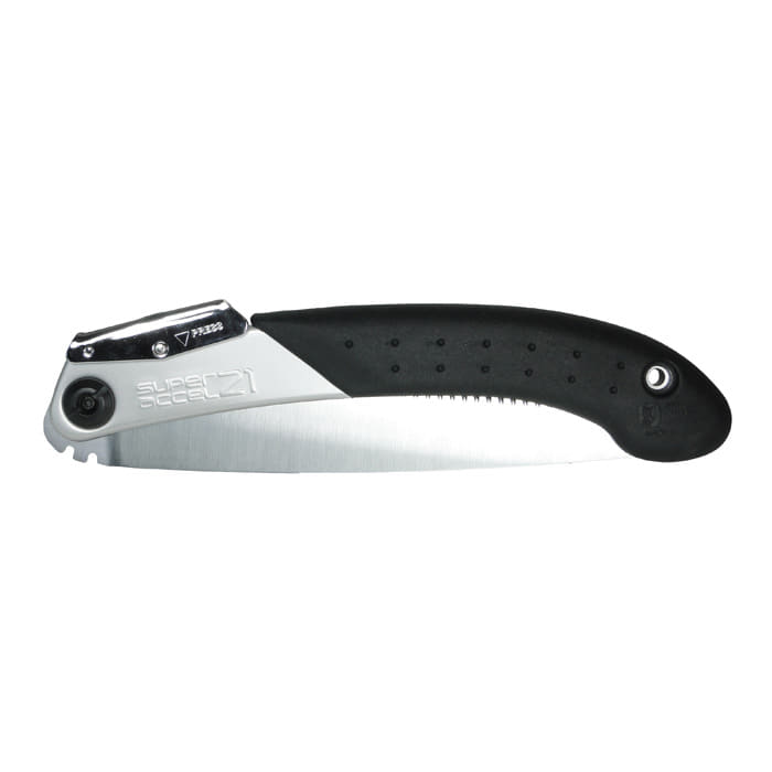 Silky Super Accel 210-14 Folding Saw closed with black handle and visible blade, manufacturer name Silky on handle and blade