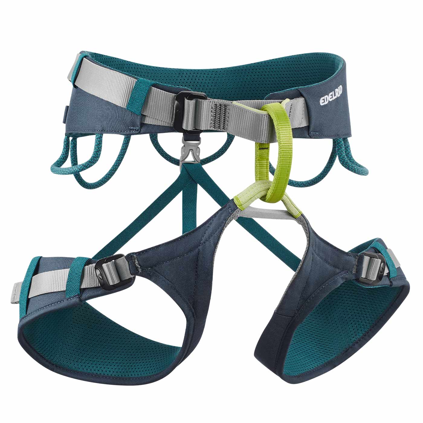 Climbing harness Jay IV by Edelrid in blue and grey with green loops and adjustable straps