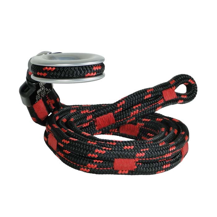 Black and red rope with metal ring and plastic element with the inscription SnakeTail, rolled up