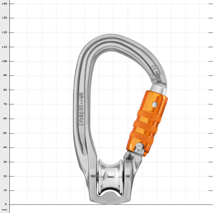 Rollclip Z Triact-Lock metal carabiner with orange locking mechanism and integrated roller wheel