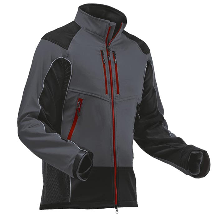 Arborist jacket in grey and black with red zippers, front view with high collar