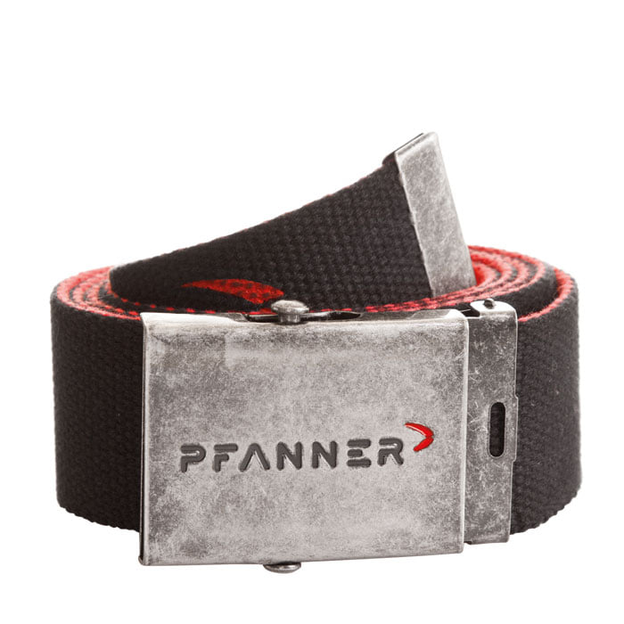 Belt 4, black fabric belt with silver metal buckle engraved with "PFANNER" and a red logo