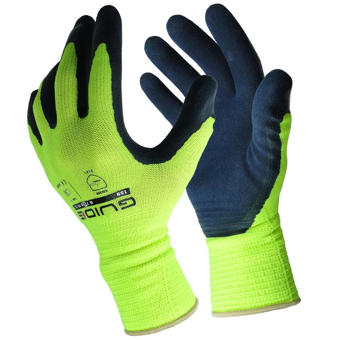 159 Guide Hi-Vis work gloves in neon yellow with black coating on the fingers and palms, the right pair shows the palm, the left the back of the hand with manufacturer information Guide and model number 159
