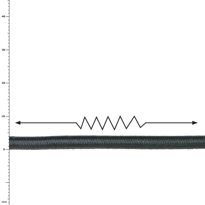 Stretchy 4.0 climbing rope close-up with black sheathing and a black jagged double arrow above the rope