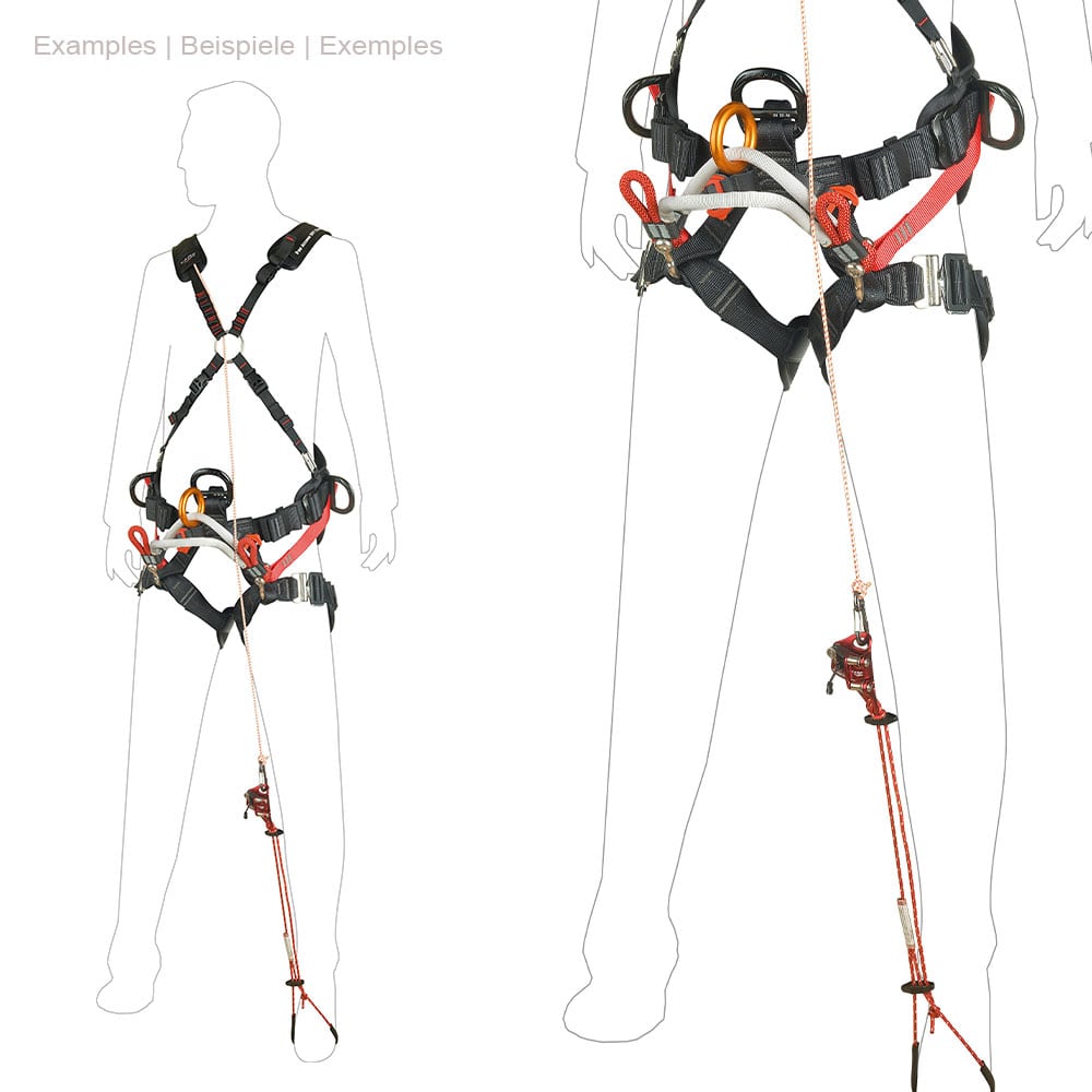 Silhouettes of two people wearing black and red harness with the turboknee system attached with red rope and metal device