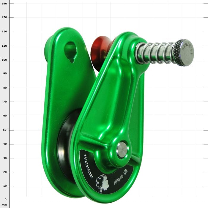 Blockbuster Compact green pulley with red wheel and metal pin, rear view