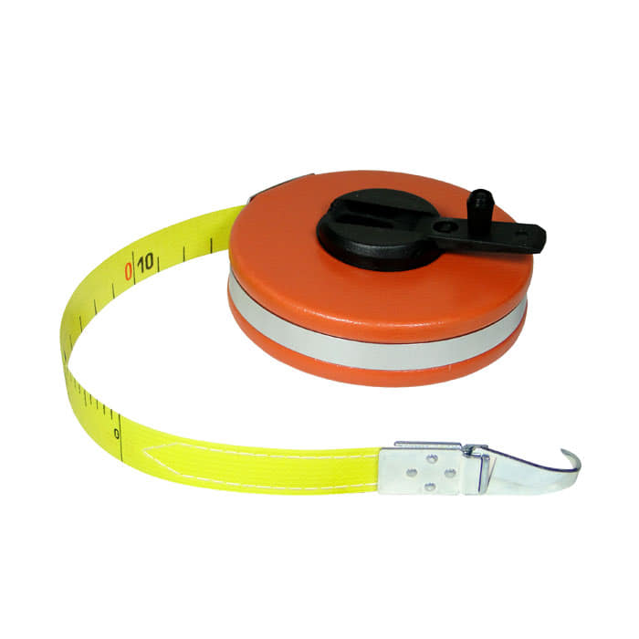 Fiberglass Tape Measure with Orange Housing, Black Reel and Yellow Tape Measure with Metal Hook