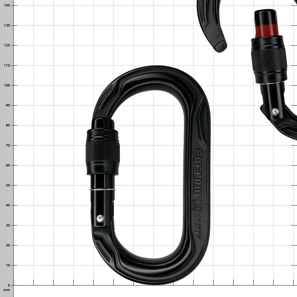 Oval Power 2500 Screw by Edelrid, black oval carabiner with screw cap and fine knurling on the bolt