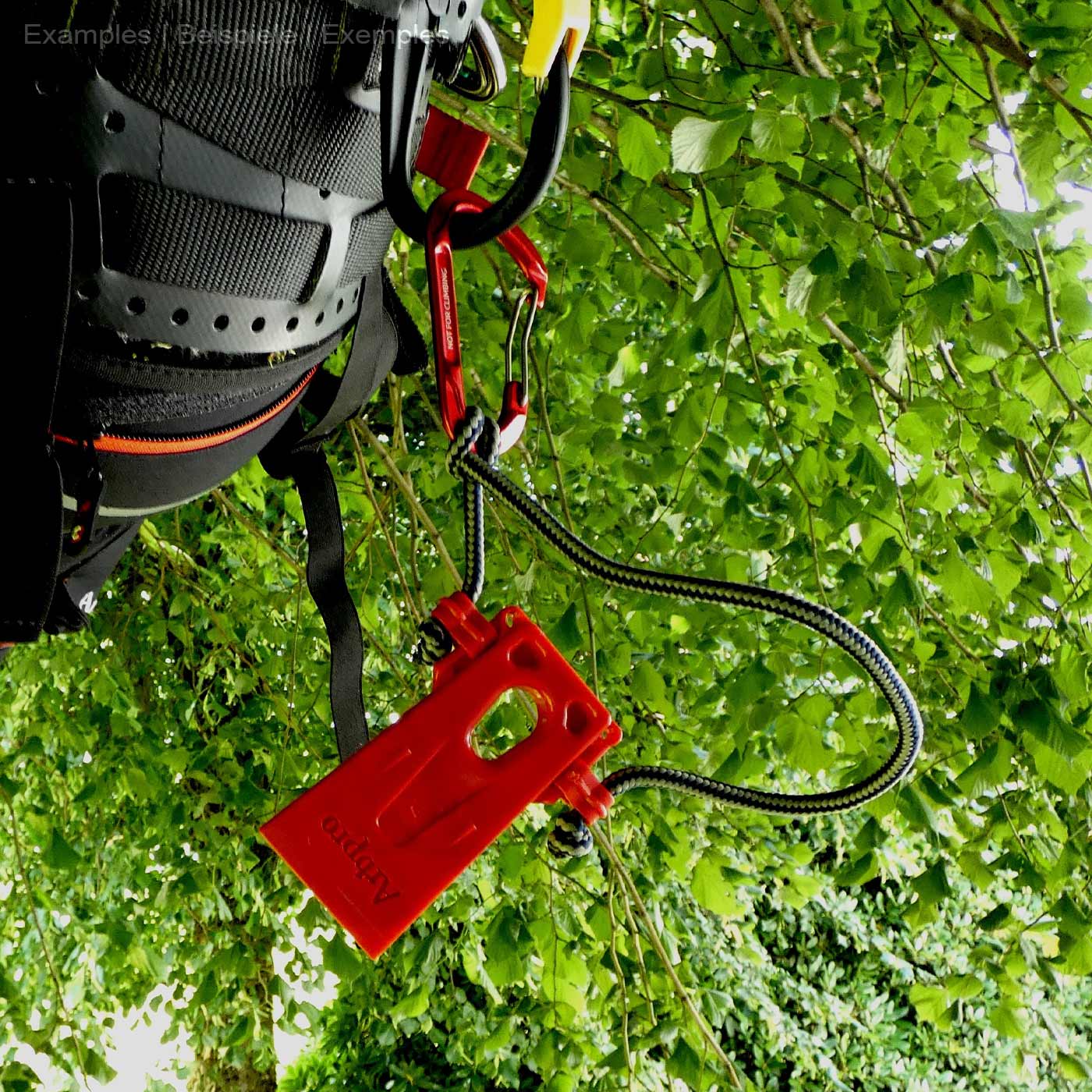 Arborist Micro Wedge by Arbpro, Red Plastic Wedge Tool with Green Rope and Red Carabiner, Hanging on Black Harness Against Green Foliage Background