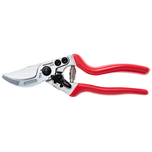 Berger 1114 secateurs with red handles, manufacturer's name Berger and model number 1114 visible, shears closed lying