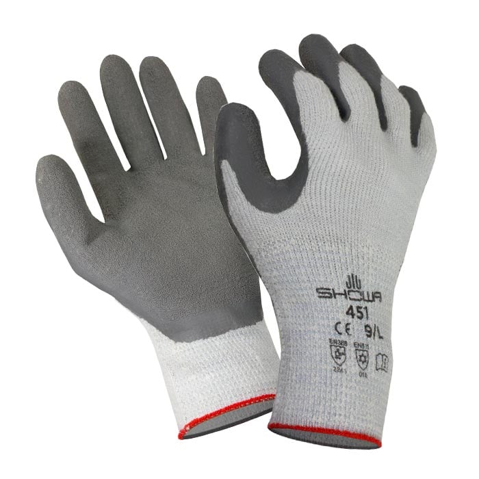 Showa Thermo Grip Gloves, grey and white, with black coating on palms and fingers, size 9/L, manufacturer's name and test mark visible on the back of the hand