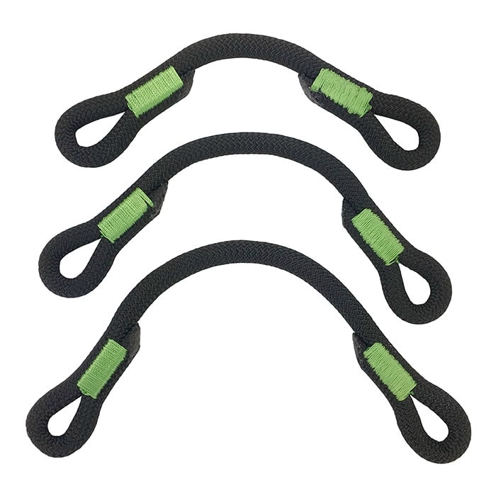 Treewor retaining bar, three black loops with green stitching next to each other