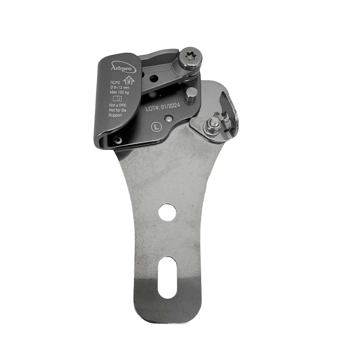 Gemini Spurs Left, metal spur with black mechanism on which "Arbpro" and other technical specifications are printed