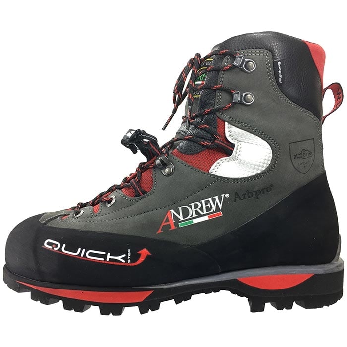 Side view of the Andrew Quickstep hiking boot in grey, red and black with "Andrew" and "Quick" lettering