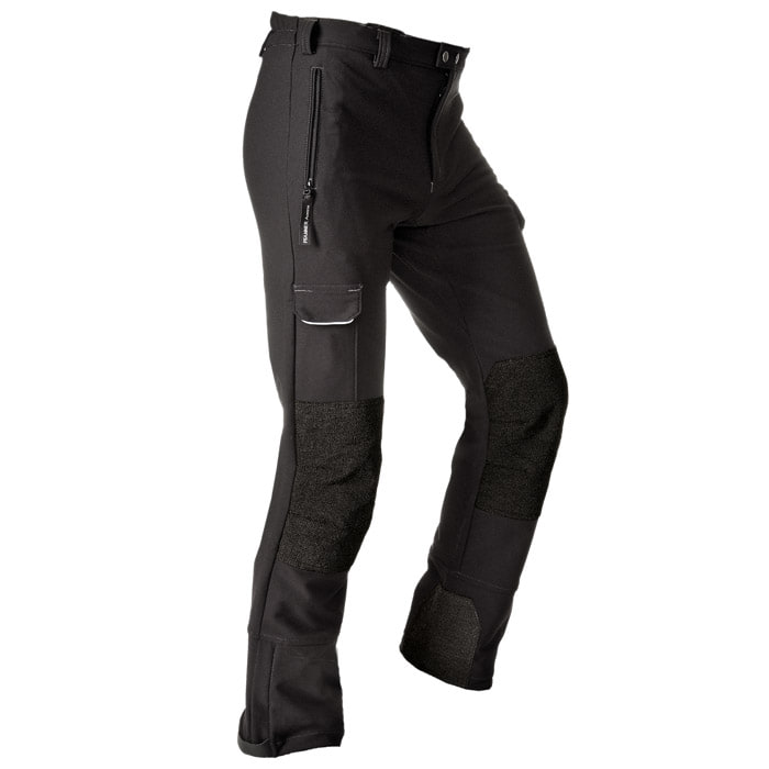 Thermo outdoor pants in black with reinforced knee and leg cuffs, zipper pocket on the right side and additional flap pocket on the thigh