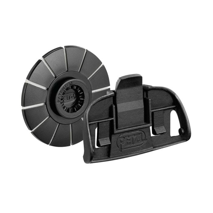 Tikka Kit Adapt by Petzl, two black plastic parts, one round with segments, the other rectangular with Petzl logo