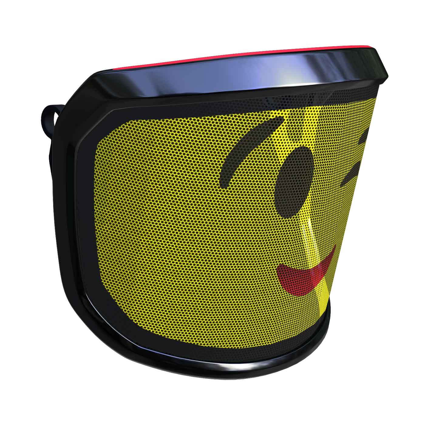 PROTOS® Arbormoji visor with yellow grid and winking emoji face, black frame and red top edge, side view from the left