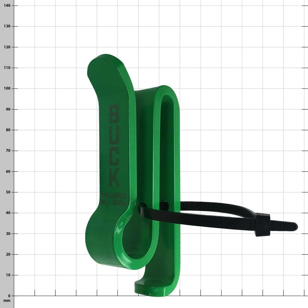 Green plastic BuckCarrier with black cable tie, side view with visible "BUCK" lettering