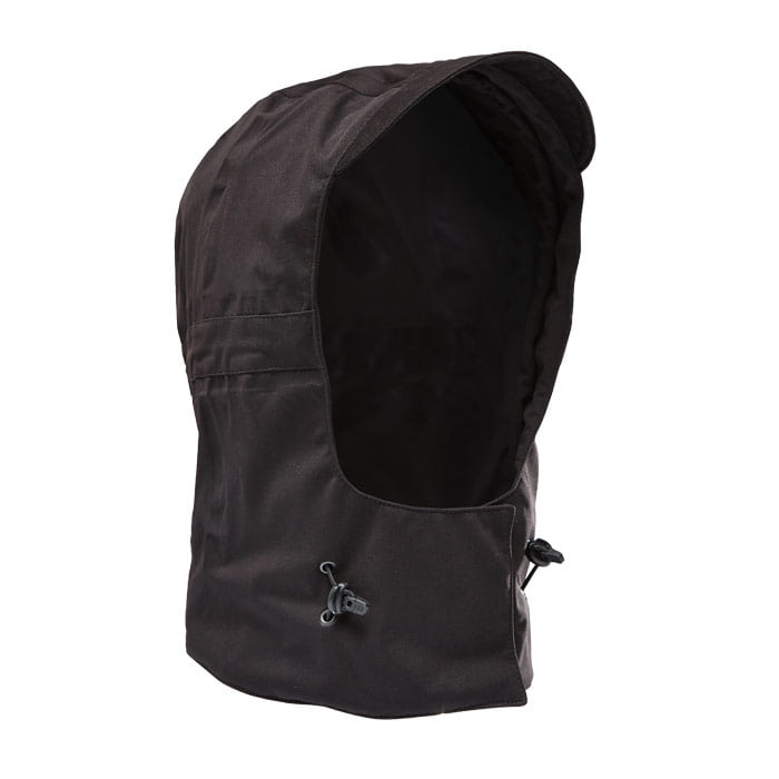 Ventura hood in black, freestanding photographed with adjustable drawstrings at the front