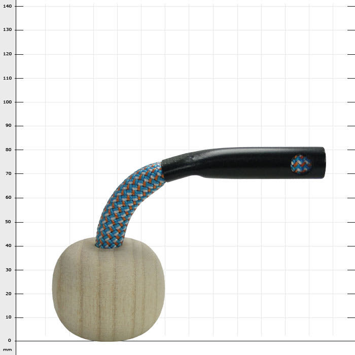 LockJack release handle with round light brown wooden handle, blue-orange braided rope and black plastic handle end from the front