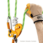 Petzl ZigZag cable system with green climbing rope, two snap hooks and hand with Petzl glove