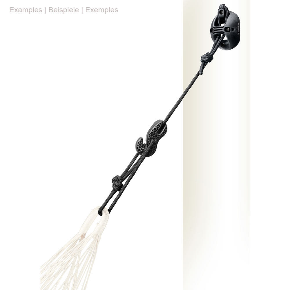 CasaMount Hammock by La Siesta mounted on a white wall with black rope and hook from which a white hammock hangs