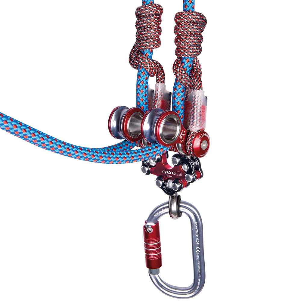 Gyro Lanyard Double with blue and red climbing ropes, red metal rollers and a gray carabiner with red clasp