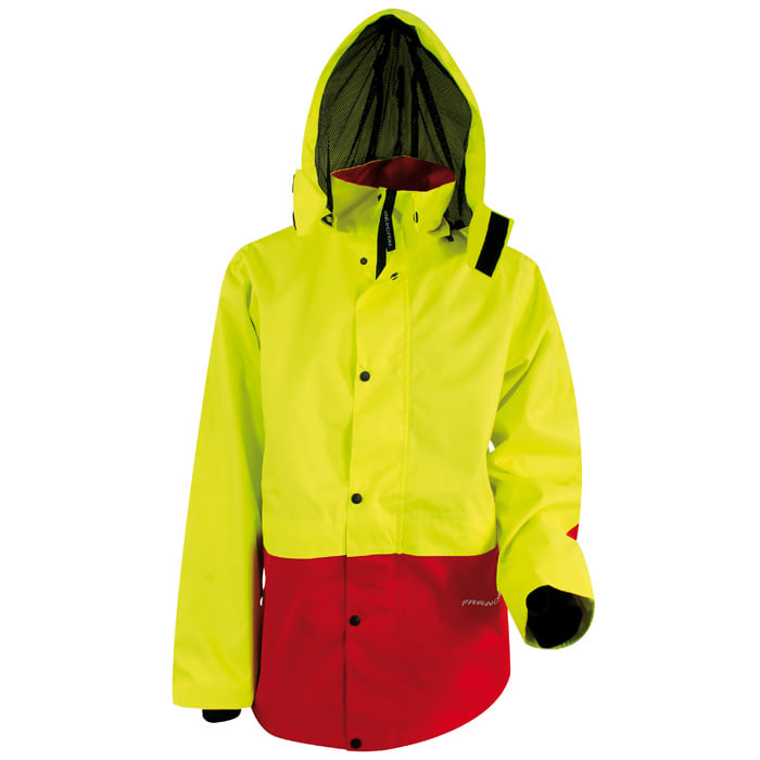 Saugues parka, yellow-red, with hood and black buttons
