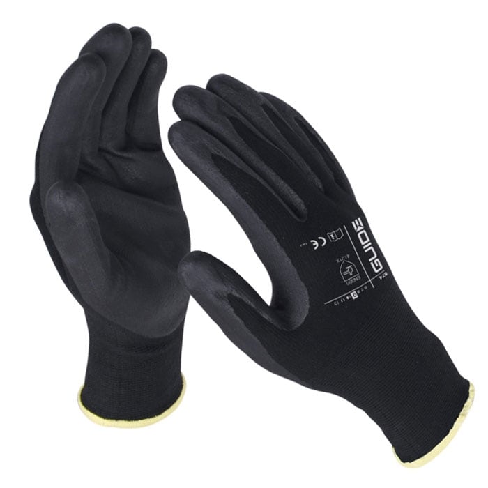 574 Guide gloves in black with "GUIDE" lettering on the back of the hand and yellow edge on the cuff