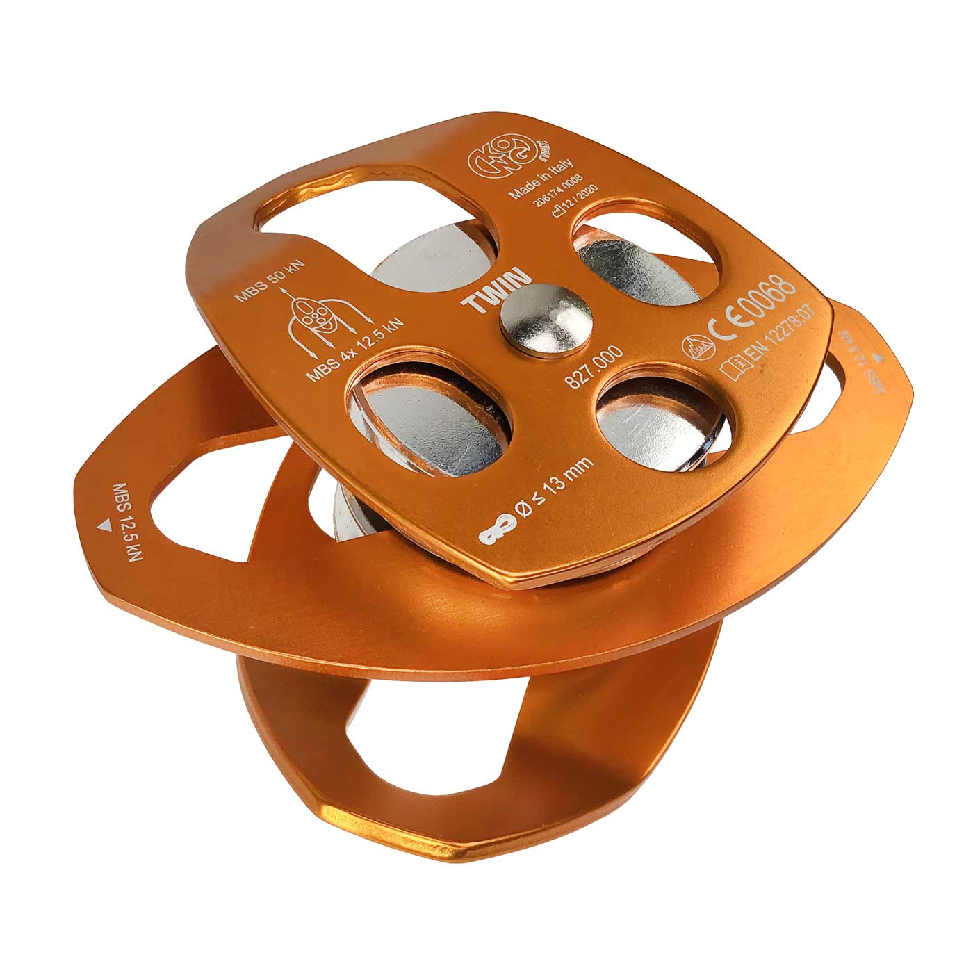 Extra Double KONG Italy Pulley in Orange with Two Pulleys, Photographed at a Slight Angle from Above