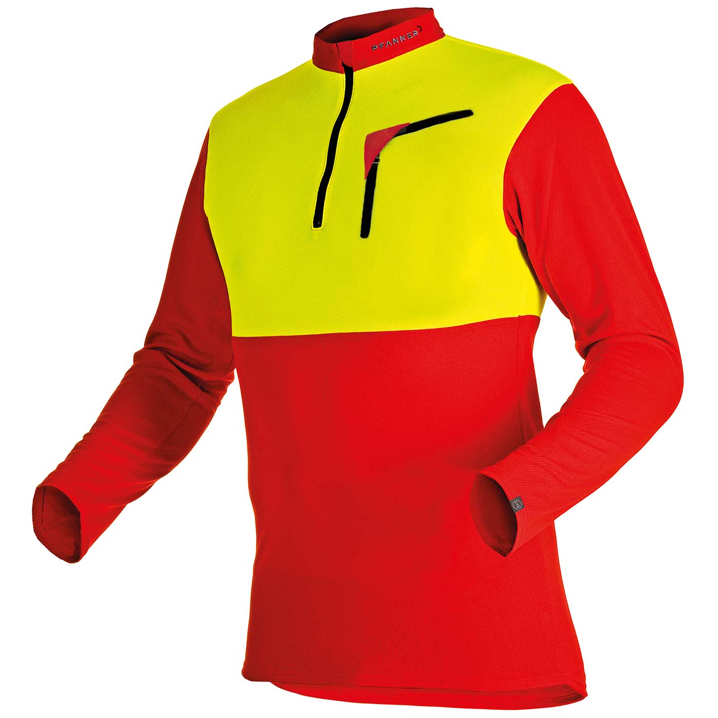 Zip-neck shirt by Pfanner in red and yellow with long sleeves and short zipper at the front