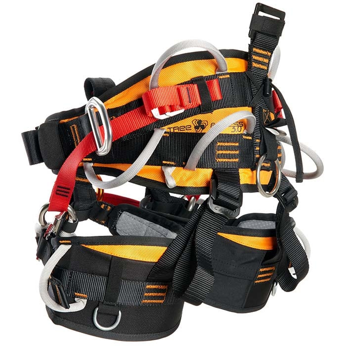Tree Access 3.1 climbing harness in black, orange and red with grey loops, several metal rings and buckles, manufacturer's logo on the side
