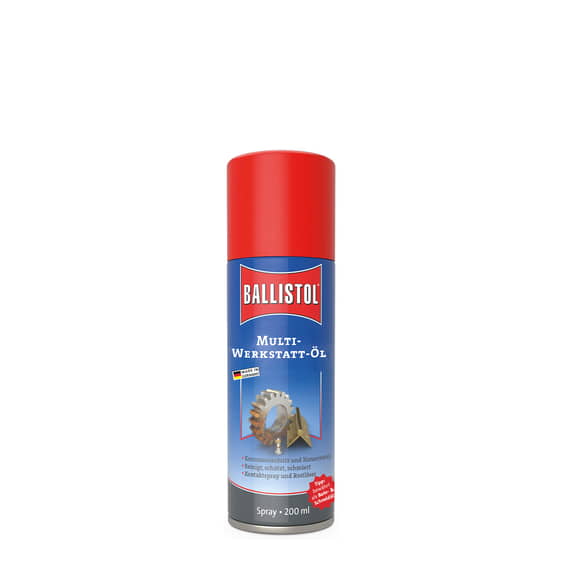Ballistol Werkstattöl Spraydose mit rotem Deckel und blauem Etikett, 200 ml Inhalt, mit Zahnradsymbol auf dem Etikett