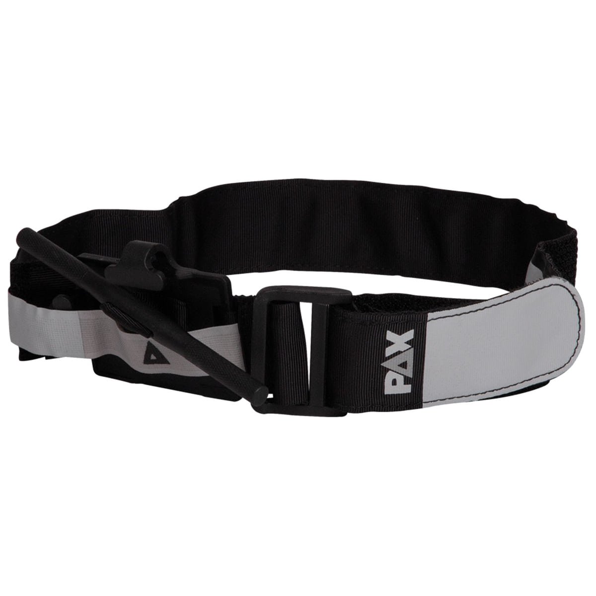 PAX tourniquet with long black band and grey tab with PAX logo, black rod attached to the strap
