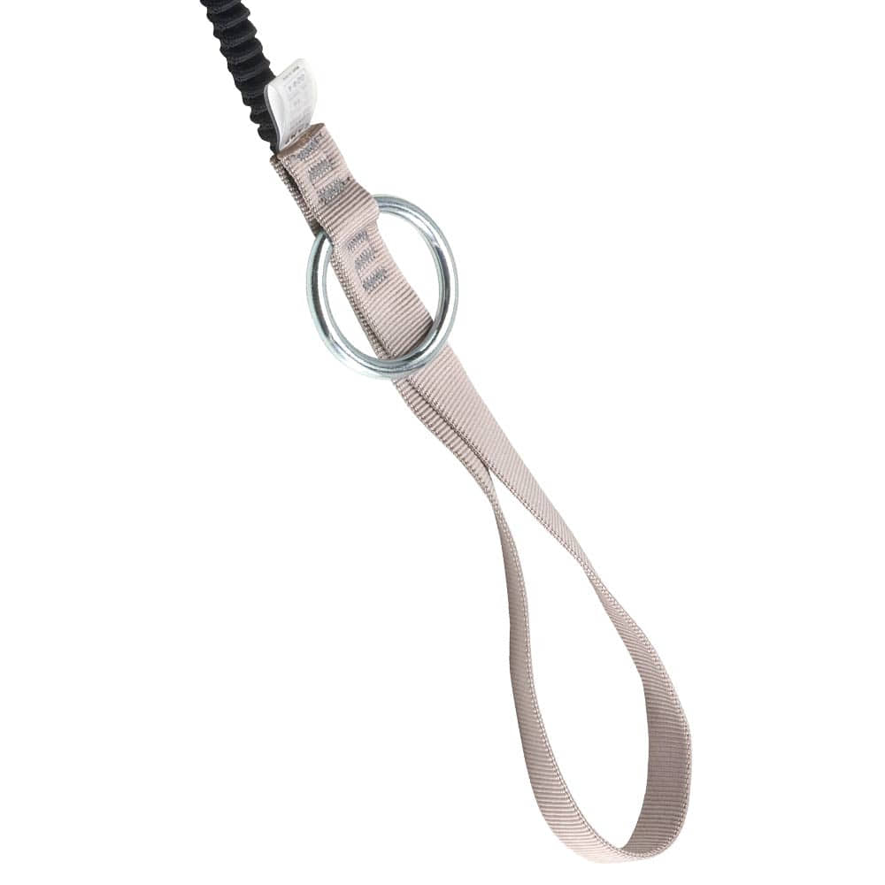 Gray webbing with metal ring, close-up on white background