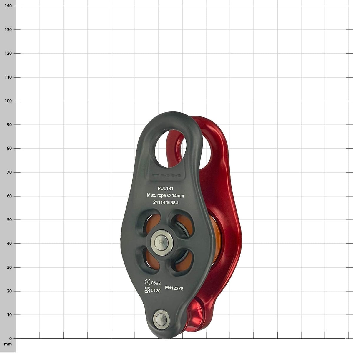 Black and red pulley with yellow roller and technical inscriptions on the black side