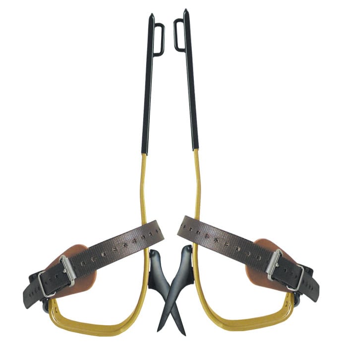 Buckingham Titan L Crampons with Yellow Metal Frame, Black Handles and Brown Leather Straps with Buckles