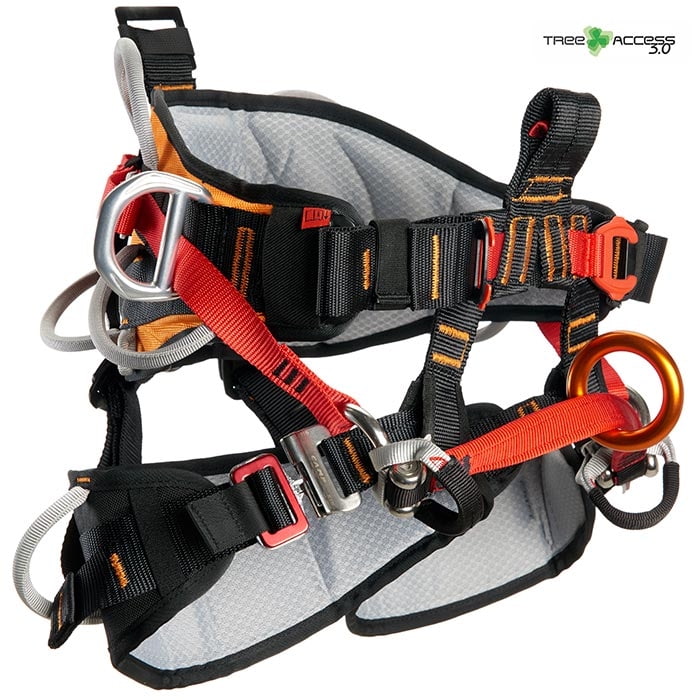 Climbing harness Tree Access 3.1 in black, grey, red and orange with several metal rings and buckles, manufacturer's logo on the top right
