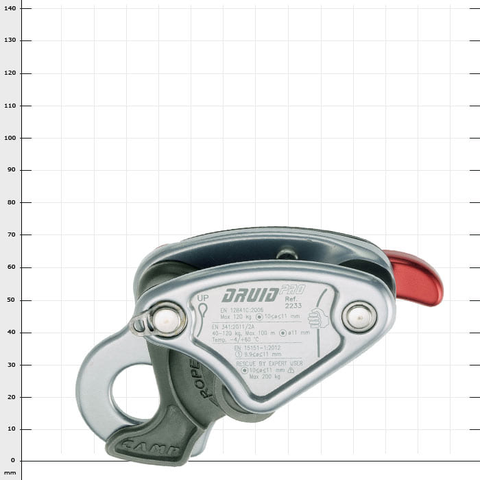 Druid Pro by CAMP Safety, silver device with red lever and text on the front