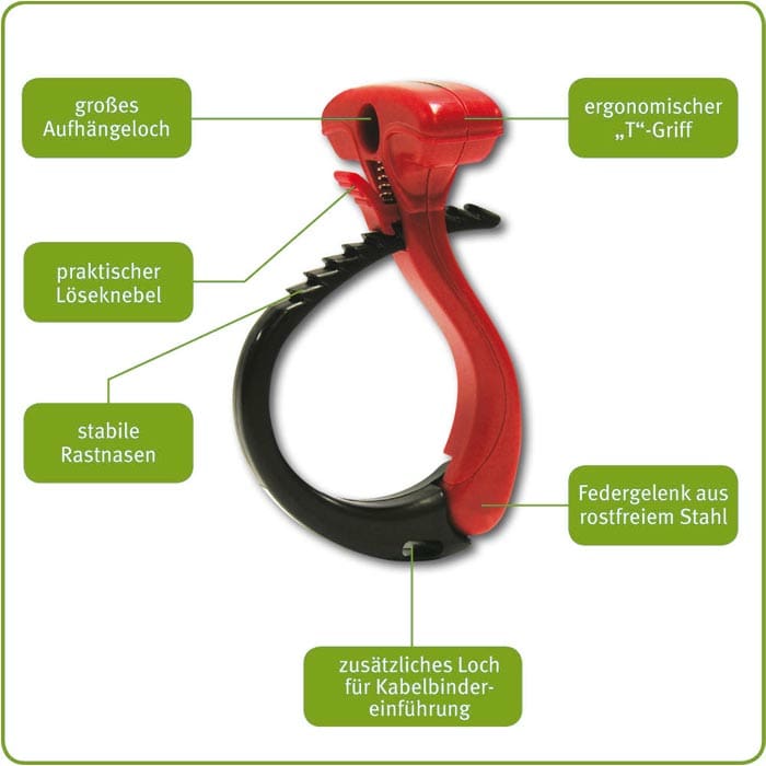 Graphic of the Cable Wraptor S with inscriptions on functions such as large suspension and additional hole, ergonomic handle, practical release levers, stable locking lugs and spring joint made of stainless steel