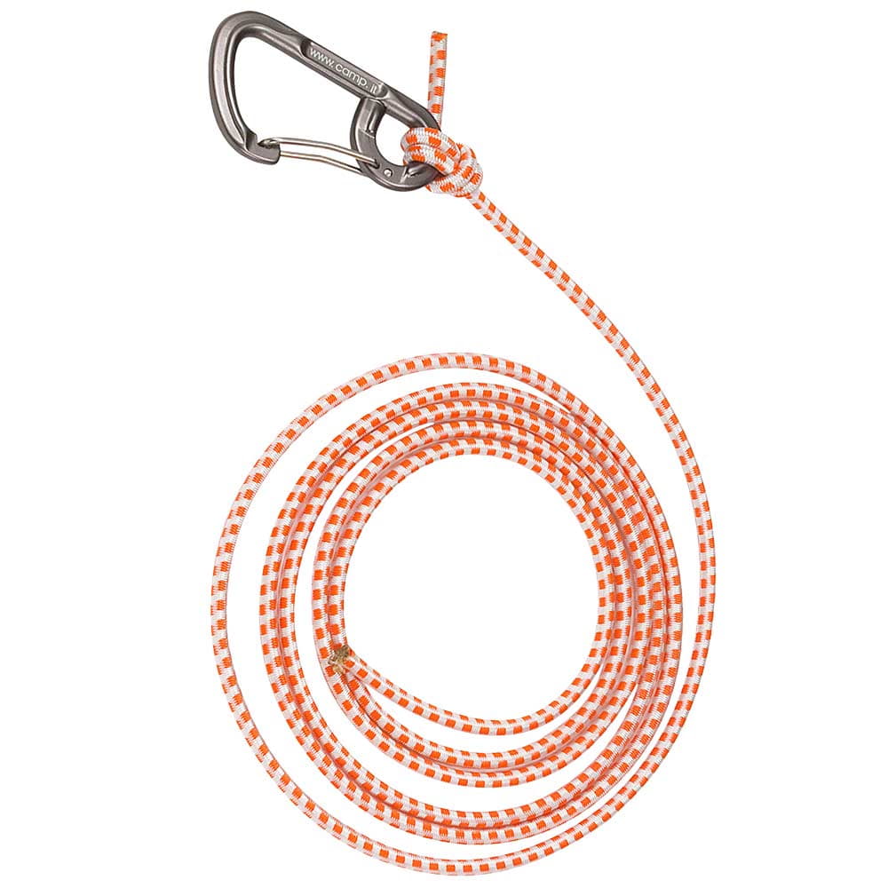 Turboknee bungee with orange and white striped elastic rope and silver carabiner by Camp