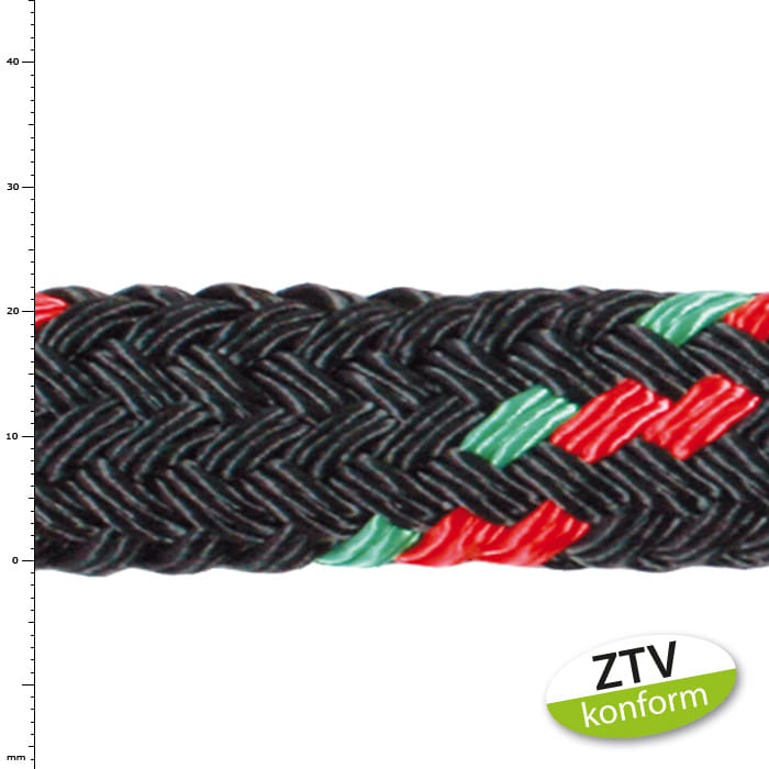 ArboLine 2 t rope with black braiding and red and green accents and ZTV compliant sticker
